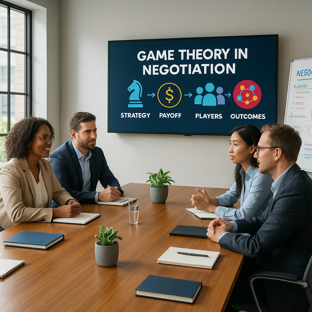 The image features a sleek modern conference room filled with natural light streaming through large windows A polished wooden table is surrounded by comfortable ergonomic chairs At one end of the table a digital screen displays a vibrant infographic-1-1